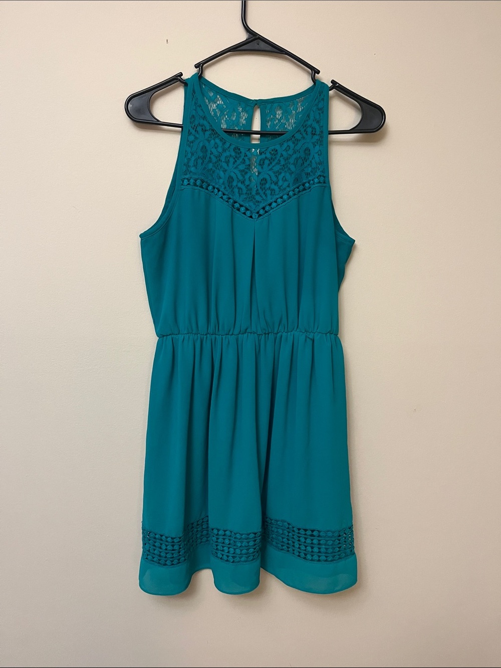 Iz Byer Teal Lace Yoke Sleeveless Mini Dress